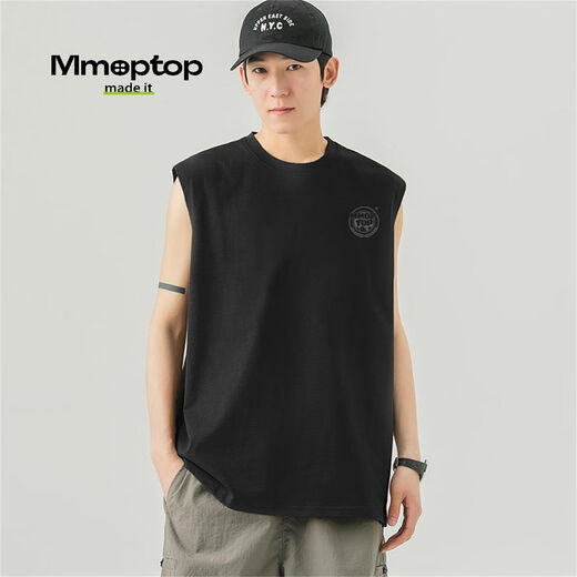 MMOPTOP纯棉背心男士夏季运动休闲印花无袖坎肩宽松打底衫女MB02黑色L