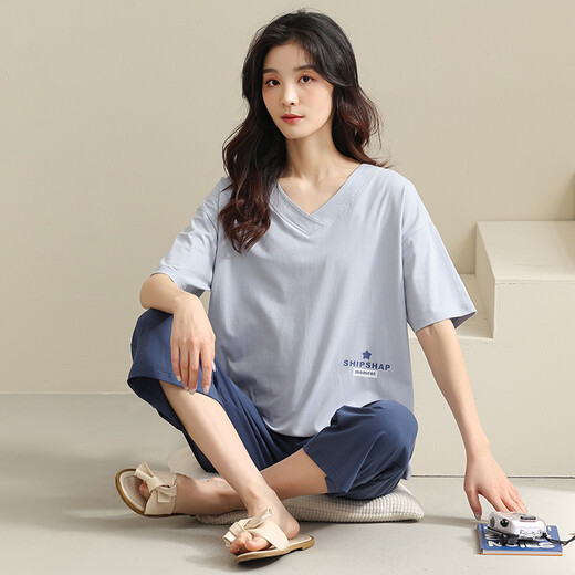 美即莱 2022年新款睡衣女夏季纯棉短袖七分裤套装休闲可外穿全棉家居服 684 L（身高158-167体重100-125）