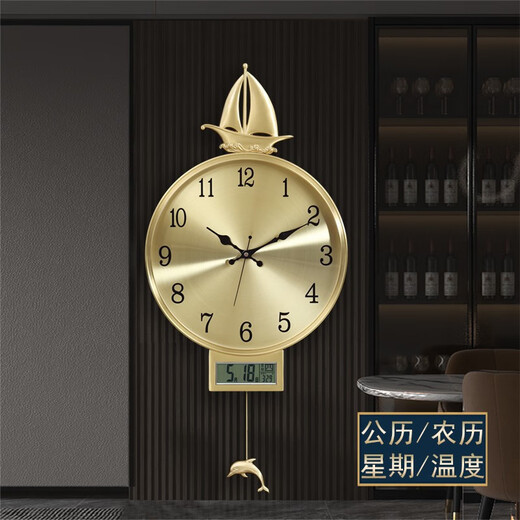 凯琴新中式黄铜装饰挂钟现代简约轻奢钟表帆船客厅装饰钟家居装饰时钟 黄铜大号9275无日历-金色表盘 整点音乐报时机芯（保10年）