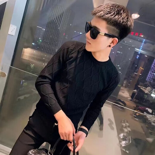 清中乔秋冬季纯色圆领毛衣男士韩版修身百搭针织衫痞帅套头紧身打底线衣 M82纽线毛衣黑色 S 建议75-90斤