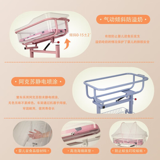 Mericon Confinement Center Clubhouse Crib Hospital Newborn Stroller Tiltable Home Crib Pink Fully Transparent Single-sided Wheel Model (Includes Mattress Mosquito Net)