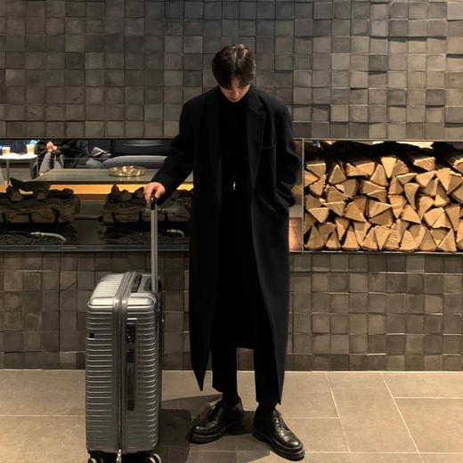 Ivansby long woolen coat men's Korean style thickened windbreaker high-end cashmere woolen over-the-knee coat trendy cotton wool top black cotton 2XL