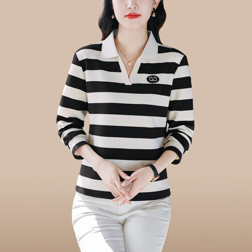 芳履遇长袖t恤女士春秋季新款中年妈高端棉质翻领POLO衫休闲T恤宽松体恤 6636橄榄绿 均码  XL建议穿110-119斤