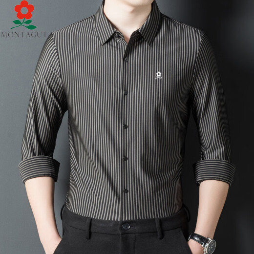 Mengtejiao Mulberry Mulberry Silk Camisa de manga larga Autumn de mediana edad El traje de negocios a rayas de papá 9928-Black 165/m adecuado para 100-115Jin [Jin iguala 0.5 kg]