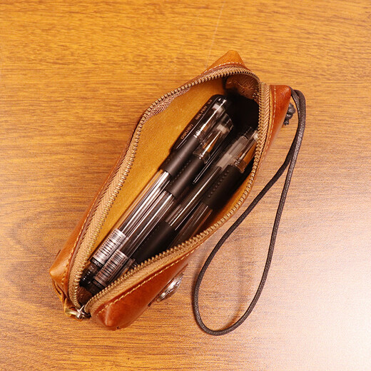 植鞣皮复古手工头层牛皮真皮文具笔盒眼镜盒笔袋零钱包笔套收纳包 黑色