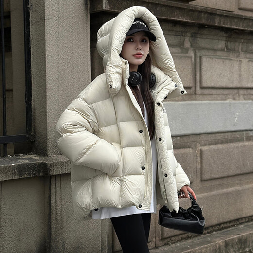 YAYA down jacket for women winter new style short hooded thickened temperament 90 duck down loose casual jacket DS moon night black L (165)