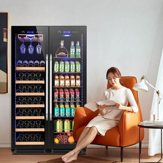 Vincase ultra-thin double-door red wine cabinet, constant red temperature wine cabinet, air-cooled double-door can be embedded in the wine cabinet, home living room, commercial display refrigerator, tea, wine, liquor, freshness display cabinet, 1.7 meters, air-cooled dual temperature, red wine hanging cup + tea, 59 bottles