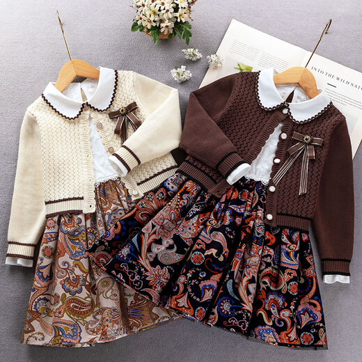 Little Bear Elf (xiaoxiongjingling) Girls Fashion Sweater Dress Autumn and Winter Children's Fashionable Princess Dress Medium and Big Children Suit Skirt Little Girls Knitted Burgundy No Velvet (Sweater Cardigan Dress Corsage) Size 150 (Recommended Height 140-150 cm)