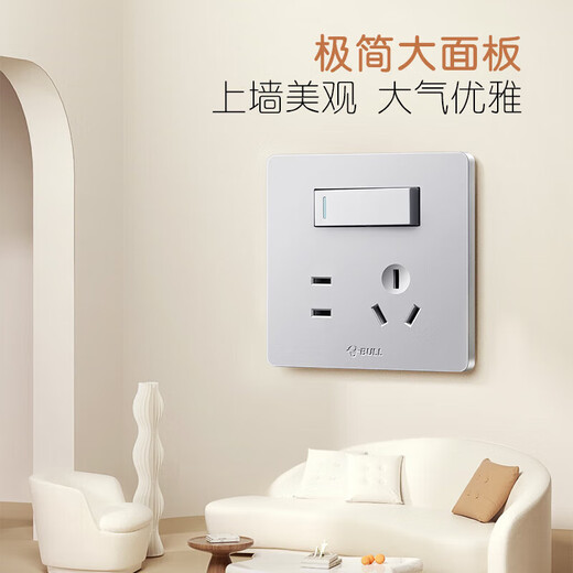 Bull (Bull) Switch Socket G12 Serie One-Open Dual Control Fünf-Loch-Sockel 86 Typ Panel G12E334S cremiger Windraum Silber
