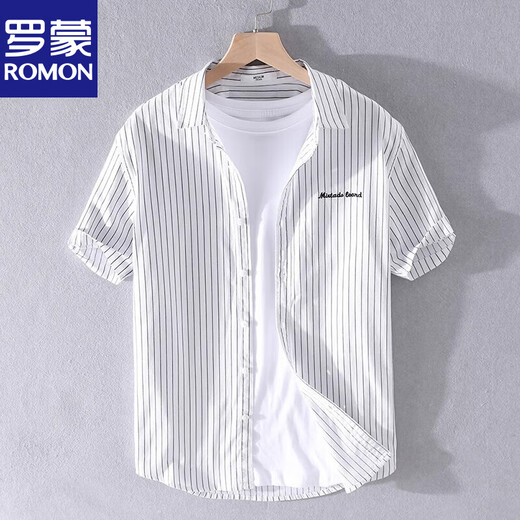 
Lomon men's striped shirt short sleeve loose summer thin Japanese casual versatile cotton shirt summer clothes 9740 blue 3XL 160Jin [Jin equals 0.5 kg]
