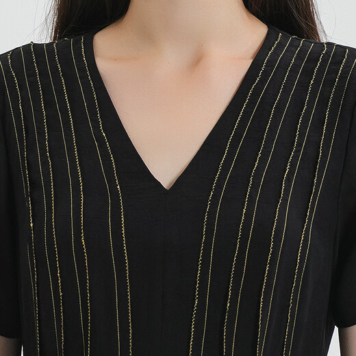 VOA Jacquard Mulberry Silk noir V-col en jaune jaune brillant décoration Coin pointu à manches courtes à double couche Robe de soie AE1396 Night Sky Black (B94) L