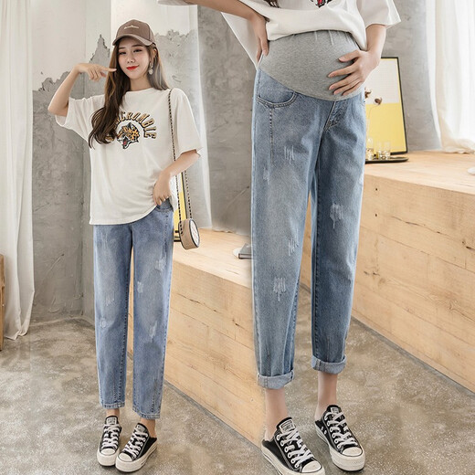 Les pantalons de maternité Miduli portent un jean printanier et automne avec un pantalon respirant et réglable pour les mères enceintes, un pantalon papa pour le printemps et l'été, les griffes de chat et les moustaches - bleu, L-Size [recommandé: 100-130jin [Jin est égal à 0,5 kg]]]