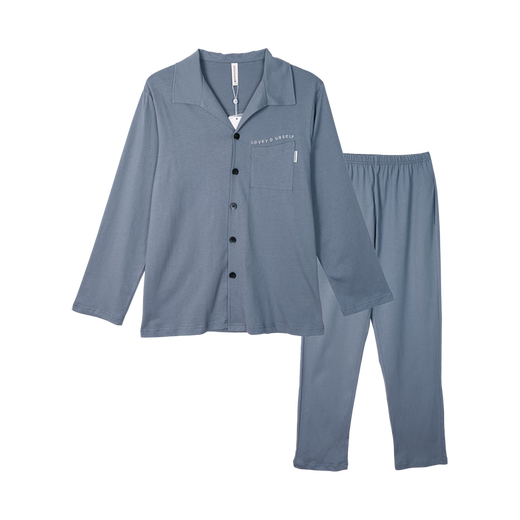 Fenton Couple Pure Cotton Pajamas Women's Simple Lapel Solid Color Long Sleeve Men's Home Clothes Set Gray Blue (Male) XL