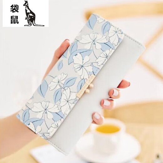 Kangaroo wallet women's large capacity new fashion clutch bag women's long three-fold student wallet mobile phone bag blue
