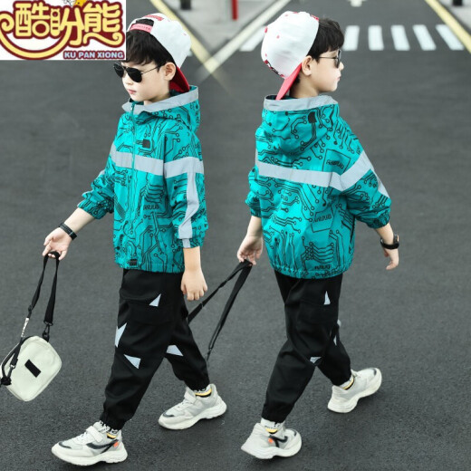 Cool Pan Bear Children's Clothing Boys' Suits Autumn Clothing 2022 New Medium and Large Children's Fashion Jackets Jackets Pants Children's Suits Boys Casual Sports Two-piece Set Autumn Trendy Clothes 3 to 12 Years Old Green 160 Size Recommended height is about 1.5 meters