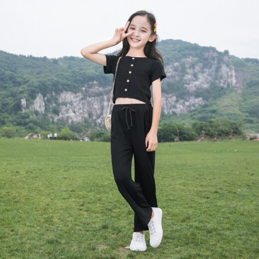 Mipaika Meng Children's Clothing Girls Suit Summer Clothes New Style Children's Fashion Short-Sleeved Long Pants Sports Two-piece Set for Big Boys and Little Girls Trendy Gray 140 Size Recommended Height of About 1.3 Meters