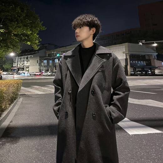 NEW OR MODE Korean style British mid-length woolen coat men's autumn and winter new handsome windbreaker jacket trendy brand high-end top dark gray XL