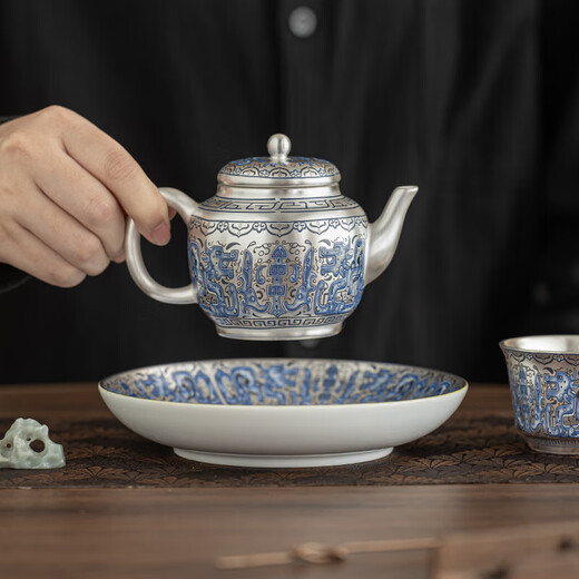 Heritage order high-end gilt silver one pot and two cups kung fu tea set teapot high-end gift box for leaders and elders gilt silver Fulong Gaozhao Yuanzheng teapot set one pot and two cups gift box