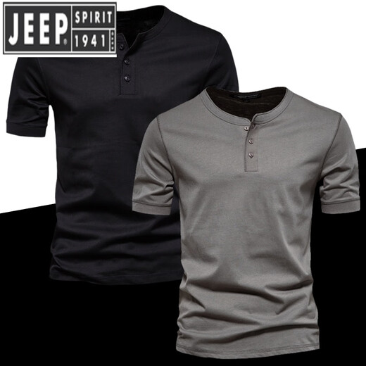 Jeep Spirit Herren neuer T-Shirt Herren lässiger kurzärmelige Baumwolle Henry Hals Henry Henry Open-Pallet Herrenfarbhemd Hemd Sommer Dunkelgrau M.