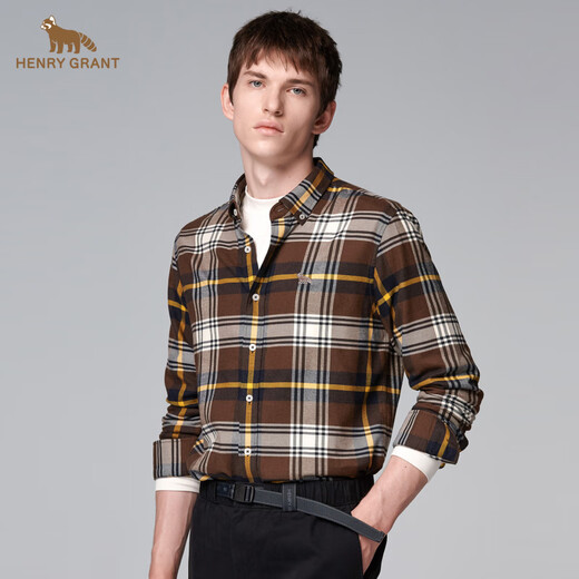 HENRY GRANT Henry Grant shirt long-sleeved coat top lapel men's autumn slim fit autumn plaid coffee color (QSC244170U211) 46 (170/88A)