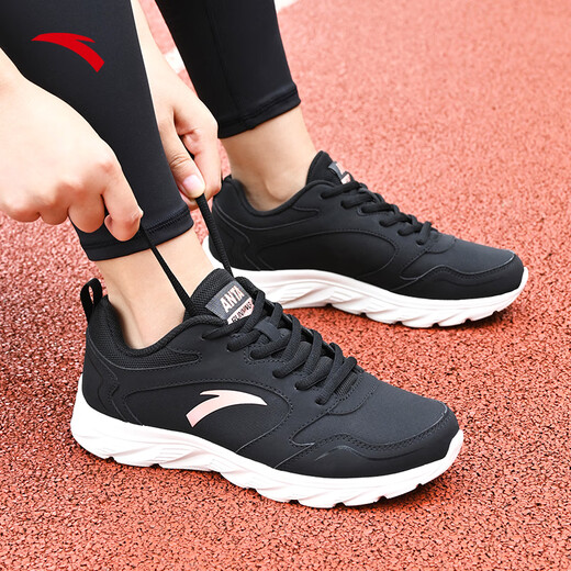 ANTA Women's Shoes Sports Shoes Women's Autumn and Winter Leather Water-Repellent Shock Absorbing Lightweight Soft Sole Running Casual Travel Shoes Leather Water-Repellent Artifact Black-10 37.5