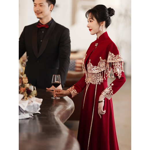 QIANSUIHONG 2025 New Chinese Style Cheongsam Toast Wear Bridal Red Tassel Shawl Wedding Engagement Dress Evening Dress Women LDS Ankola Burgundy Long Sleeve XL