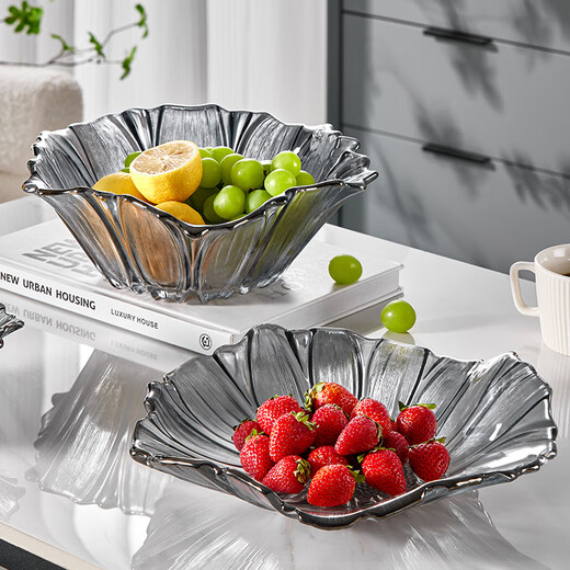 Yagang household glass fruit plate, living room coffee table, high-end plate, exquisite and beautiful crystal large high-end snack plate (large size) smoky gray fruit plate