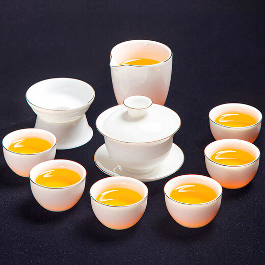 Jingcizhai Mutton Fat Jade White Porcelain Kung Fu Tea Set Home Light Luxury High-End Ceramic Covered Bowl Tea Cup New Complete Set Gold Painting-White Bean Fat Jade Covered Bowl 9-Head Perfect Cup