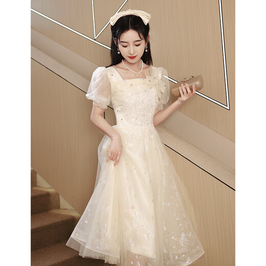 Qinji adult dress for women 18 years old, high-end small evening dress, banquet art exam dress for high school students, GS804 champagne color irregular long skirt M
