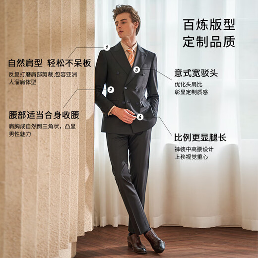 G MONS Australian wool suit men's navy blue double-breasted wedding groomsmen business formal suit complete set for men 0671 black top + pants 52