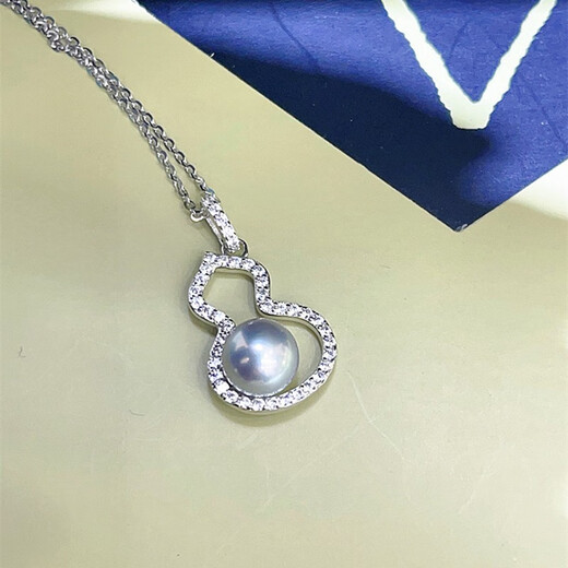 Shining Phoenix Fulu style silver gray blue pearl pendant, perfect round cold light 925 silver inlay, clavicle chain necklace for women, gray 7.5-8mm