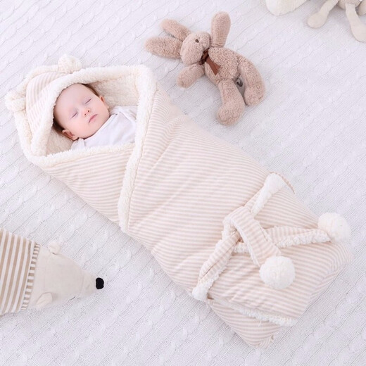 Qi Le Rongrong baby blanket newborn autumn and winter thickened blanket male and female baby anti-jump swaddle newborn supplies warm plus blanket pure cotton delivery room wrap outing small quilt khaki 100*100cm