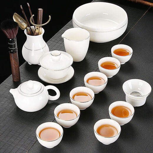 Jingci Zhai Dehua white porcelain mutton-fat jade Kung Fu tea set for home living room making tea in the office simple tea cup gold-painted-Xi Shi pot set (cup with words) 14 pieces