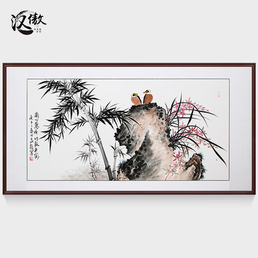 Han Aochun authentic hand-painted traditional Chinese painting, living room decoration painting, sofa background painting, study hanging painting, flower and bird bamboo orchid ink painting, orchid heart and bamboo to signify peace, with brown frame, mounting with solid wood frame, 165*85cm