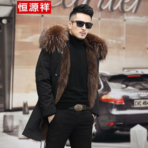 恒源祥2025新品草派克服男装加长款大衣男士冬装外套可拆卸皮毛一体针 咖啡色中长款 M 95-110斤