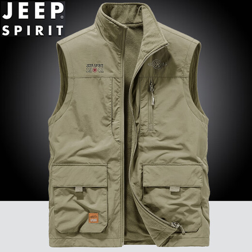 
JEEP SPIRIT stand-up collar vest for men wearing fleece slim fit large size workwear multi-pocket vest middle-aged vest Khaki 677A short velvet plus 3XL
