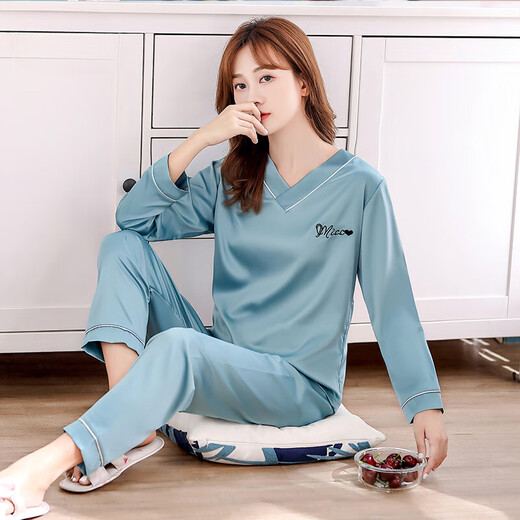 Modal Ice Silk Pajamas Printemps et été sexy Sexy à manches longues à manches longues Satin Casual Loose Implice de vêtements 9901-HULU BLUE [pantalon à manches longues] M [80-100jin [Jin est égal à 0,5 kg]]]