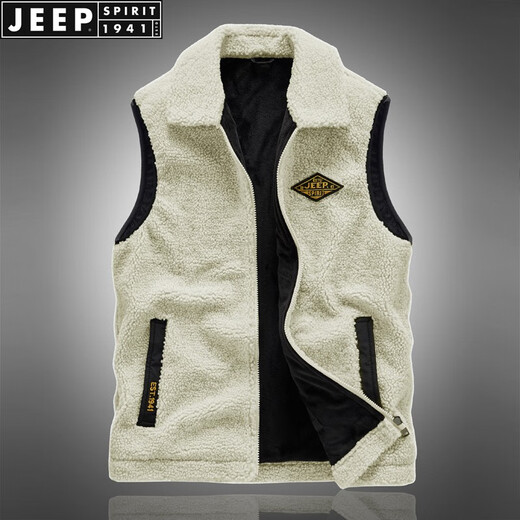 JEEP SPIRIT Vest Men's 2025 Autumn and Winter Casual Fashion Velvet Vest Waistcoat Warm Jacket Off-White XL