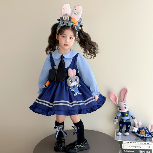 Dan Bird King Girls Judy Rabbit Police Officer Princess Dress Spring and Autumn Children's College Style Dress COS Clothing Girls Lolita Blue Dress + Tie 110 Codes