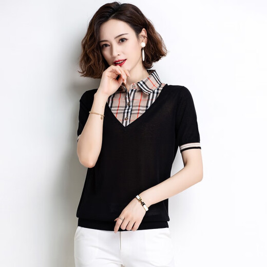 Su Xing short-sleeved T-shirt women's new summer women's loose ice silk sweater polo collar plaid top apricot 2803M