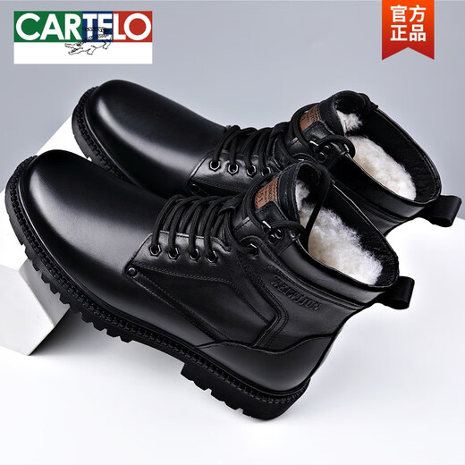 卡帝乐鳄鱼（CARTELO）马丁靴男士真皮羊毛保暖棉靴高帮头层牛皮工装户外加厚雪地靴冬季 3519黑色(羊毛款） 38