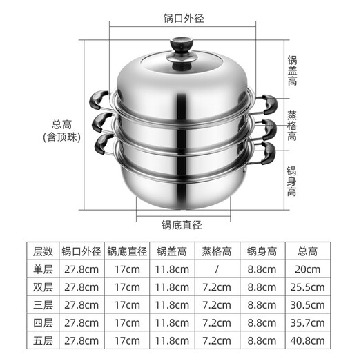 28cm stainless steel steamer, thickened soup and steaming dual-purpose pot, single-layer steaming pot, hot pot, steamed buns and buns pot, induction cooker, gas stove, universal 28cm single-layer soup steamer (electric fungus)