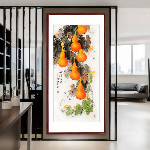 Youxian Wufu Gourd Hanging Painting Porch Decorative Painting Chinese-style Traditional Chinese Painting Entry Porch Corridor Aisle Vertical Ink Painting Fulu Mantang (right-angle rosewood color) solid wood with frame 123*63 cm