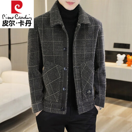Pierre cardin (pierre cardin) marten velvet men's tweed jacket autumn and winter plus velvet short wool top spring and autumn thickened casual lapel jacket khaki 8268k M 90-105Jin [Jin equals 0.5 kg]
