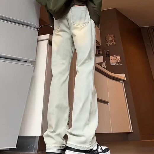 Black Box White American High Street Jeans Herren neuer 2024 Frühlings- und Sommer-Retro-Vibe-Hose Slim Elastic Micro-Flare Straight Hosen Sxnz-719 Yellow XL