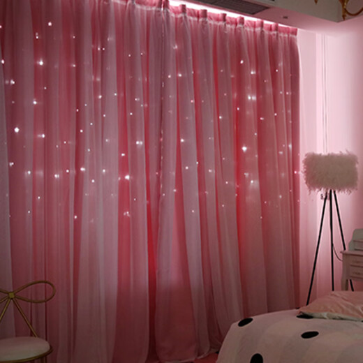 FOOJO cloth yarn one-piece hollow star blackout curtain finished product modern simple ins princess style bedroom living room balcony bay window floor-to-ceiling curtain 1.4*1.8 pink 1 piece