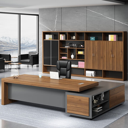 Grid wood boss desk executive desk office desk and chair combination simple modern president desk manager desk supervisor desk fashionable computer desk walnut color left cabinet 2.6*0.9 meters boss table + boss chair
