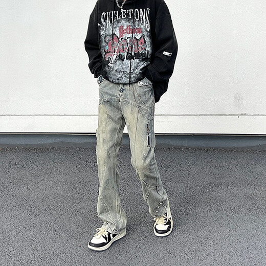 Thunder Han American Retro Waschanschluss Jeans Lose High Street Straight HipHop Design Sinn hübsches, vielseitige Hosen XT-Sxnz-7029 Black M.