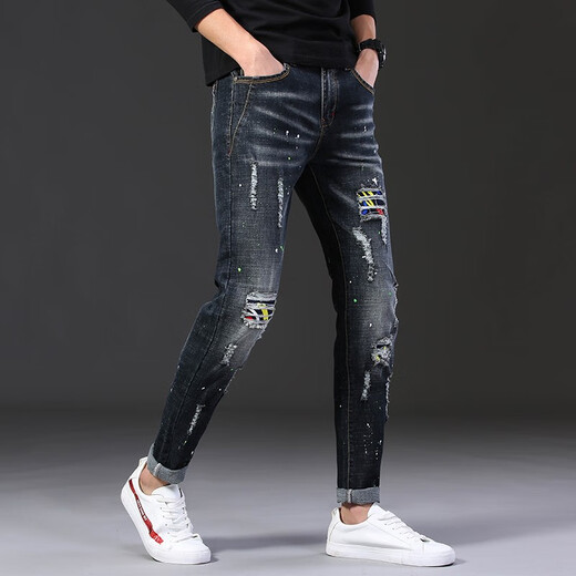 Mode Marke Ripped Jeans Herren Elastic Patch Patch Tuch kleine Füße Hosen koreanischer Stil Slim Jeans bemalt