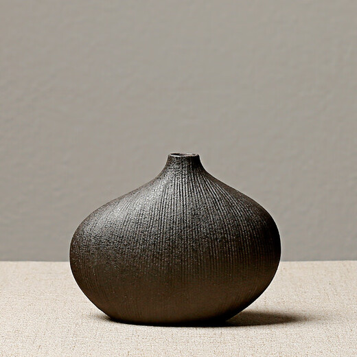 迦图鲮禅意粗陶花器陶瓷花瓶中日式手工小花瓶复古花插软装花艺陶艺摆件 禅意雅黑